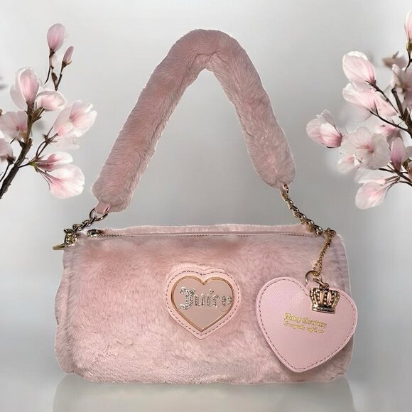 Juicy Couture Pink Warm Up Faux Fur Small Handbag & Heart Purse Charm NWT - Picture 3 of 11